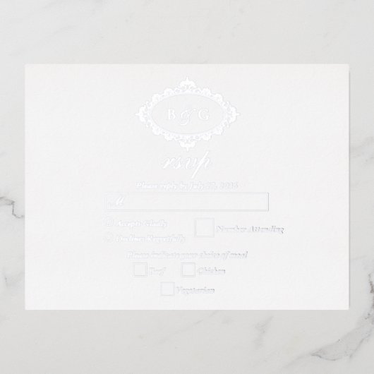 銀実在箔リースホワイトウェディングRSVP 箔招待状ポストカード (正面)