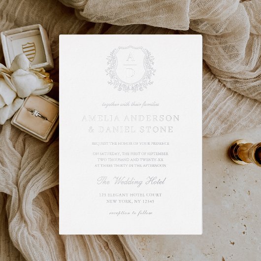 銀実在箔リーピークレストモノグラム結婚ズ 箔招待状