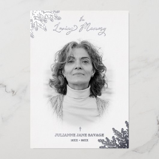 銀実在葬白黒写真追悼 箔招待状 (正面)