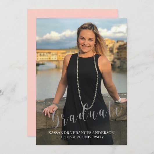 銀文字で卒業、写真卒業 招待状 (正面/裏面)