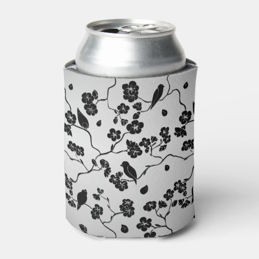 銀文鳥とさくらんぼ花に黒 缶クーラー (缶正面)