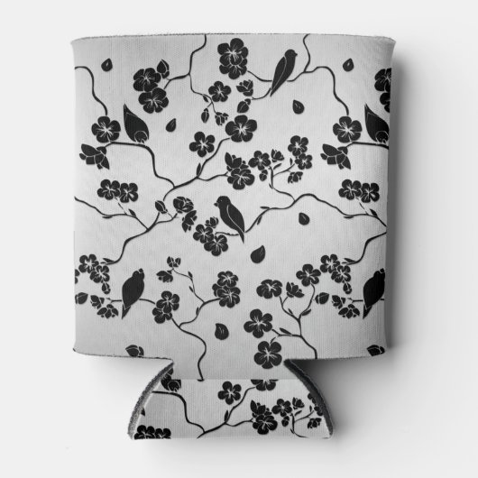 銀文鳥とさくらんぼ花に黒 缶クーラー (正面)