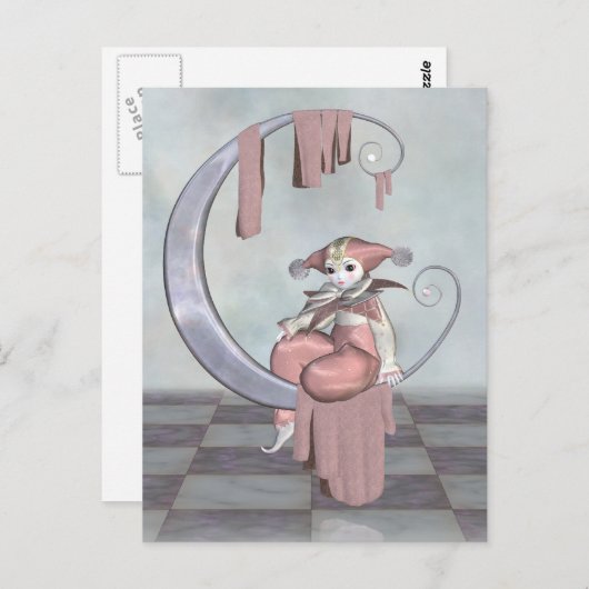 銀月に描かれたピンクのピエロピエロの人形 ポストカード (正面/裏面)