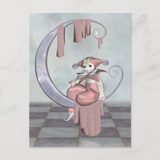 銀月に描かれたピンクのピエロピエロの人形 ポストカード (正面)