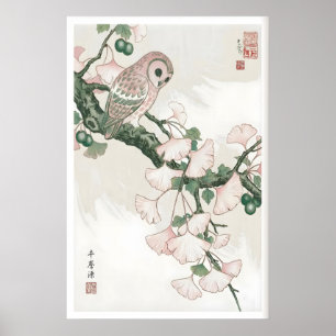 銀杏の壁画のフクロウ - 穏やかでビンテージの植物画 ポスター