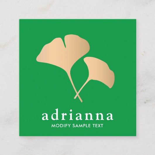 銀杏の葉の金ゴールド緑 スクエア名刺 (正面)