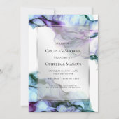 銀枠抽象芸術梅ティール(緑がかった色)流しインキ 招待状 (正面)