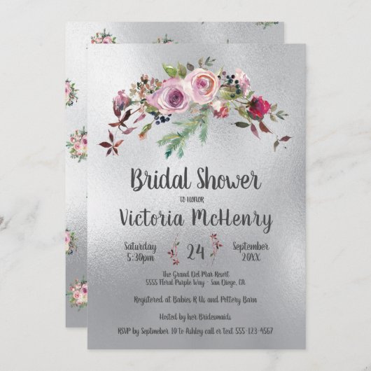 銀水色フローラ霜の降りたバラブライダルシャワー 招待状 (正面/裏面)