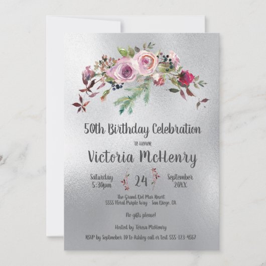 銀水色フローラ霜の降りたバラ誕生日 招待状 (正面)