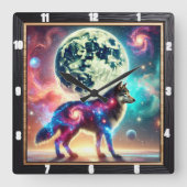 銀河と月を持つ宇宙オオカミ スクエア壁時計 (正面)