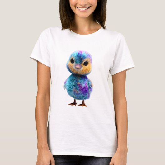 銀河のターコイズ色のサイケデリックなふわふわのひよこ女性 Tシャツ (正面)