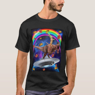 銀河の中でタコスドーナツに乗った猫の恐竜TレックスUFO Tシャツ