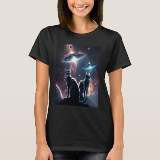 銀河の子猫 猫のUFO 宇宙の猫 16 Tシャツ (正面)