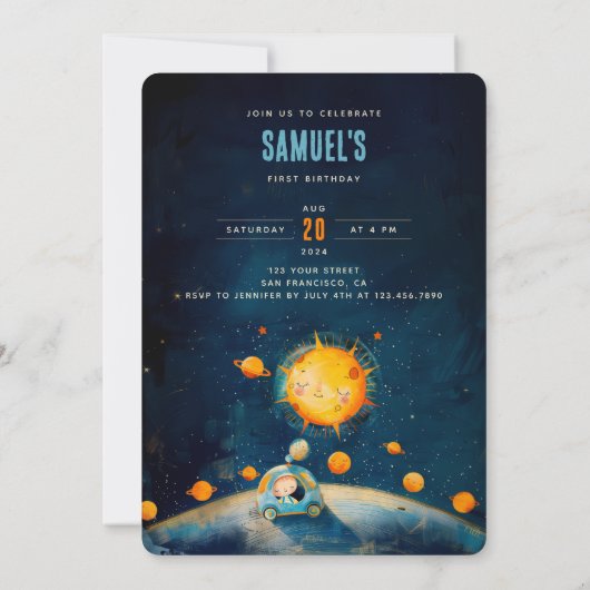 銀河の最初の誕生日:太陽の軌道お祝い 招待状 (裏面)