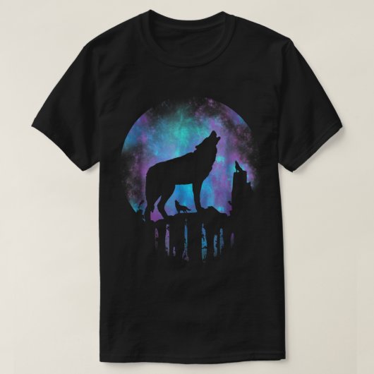 銀河の月を仰ぐ狼の雄叫びアート Tシャツ (デザイン正面)