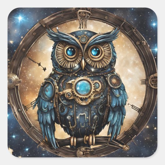 銀河の空を背にしたスチームパンクフクロウ スクエアシール (正面)