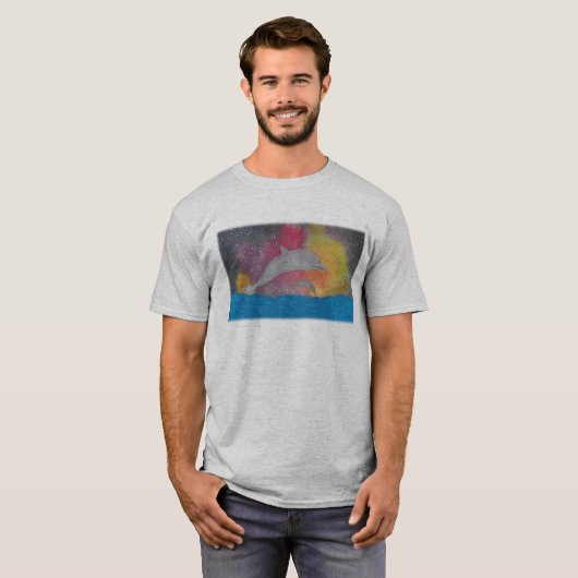 銀河の空を背景にしたイルカ Tシャツ (正面フル)