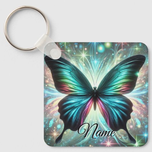 銀河の輝きと星を持つきらめく蝶 キーホルダー (正面)