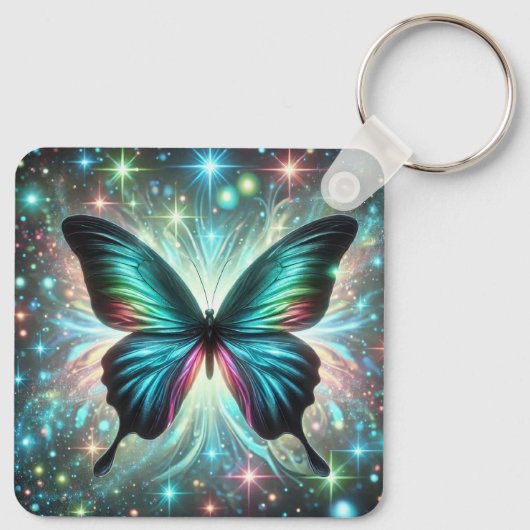 銀河の輝きと星を持つきらめく蝶 キーホルダー (裏面)