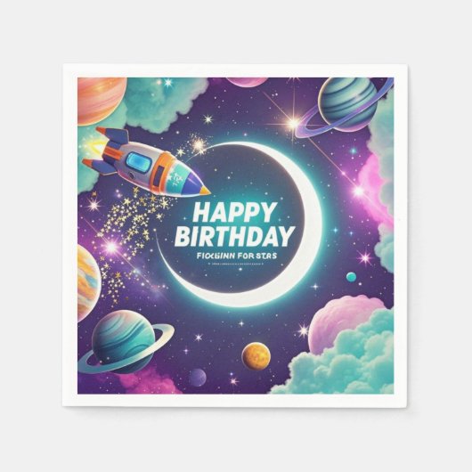 銀河をテーマにしたハッピーバースデー三日月と星たち スタンダードカクテルナプキン (正面)