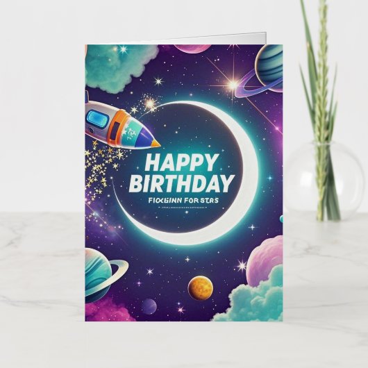 銀河テーマの誕生日おめでとう三日月と星 箔グリーティングカード (正面)