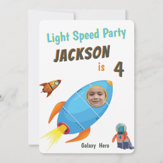 銀河ヒーロー宇宙飛行士の写真テンプレート誕生日 招待状 (正面)