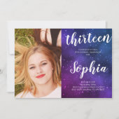 銀河宇宙星の少女写真誕生日 招待状 (正面)