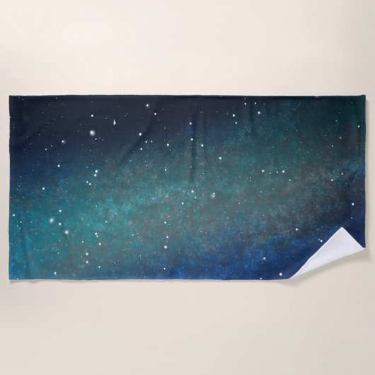 銀河宇宙星雲の夜空青緑 ビーチタオル (正面)