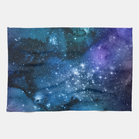 銀河愛好家のための星空の青い空と白いスパークル キッチンタオル (横)