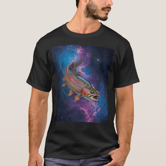 銀河星雲を泳ぐコズミック・レインボートラウト Tシャツ (正面)