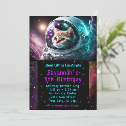 銀河系おもしろい宇宙猫宇宙飛行士バースデーパーティー 招待状 (スタンド正面)