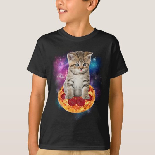 銀河系おもしろい猫の宇宙- Cat riding Pizza and T Tシャツ (正面)