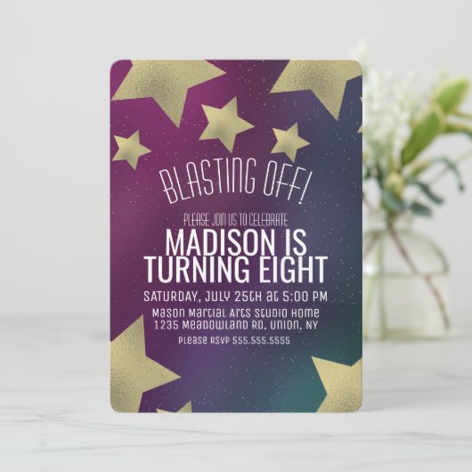 銀河系と金ゴールドスター宇宙誕生日Any Age 招待状 (スタンド正面)