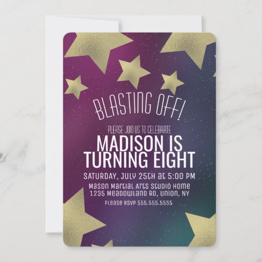 銀河系と金ゴールドスター宇宙誕生日Any Age 招待状 (正面)