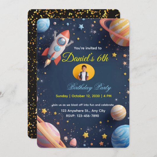 銀河系エクスプローラー子供の誕生日招待状🚀🌌 招待状 (正面/裏面)