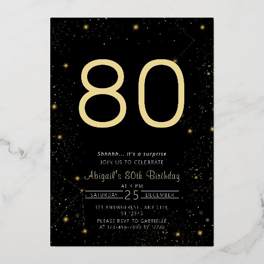 銀河系エレガントフォトブラック金ゴールド誕生日パーティー 箔招待状 (裏面)