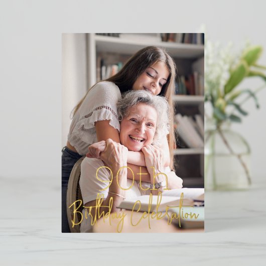 銀河系エレガントフォトブラック金ゴールド誕生日パーティー 箔招待状 (立ち正面)