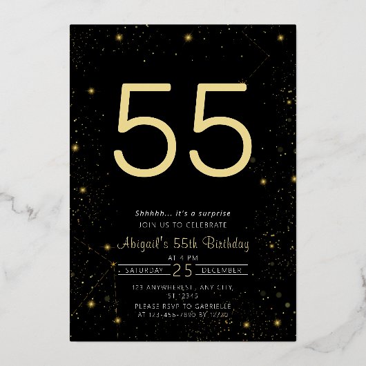 銀河系エレガントフォトブラック金ゴールド誕生日パーティー 箔招待状 (裏面)