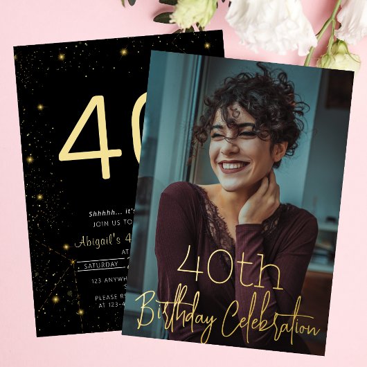 銀河系エレガントフォトブラック金ゴールド誕生日パーティー 箔招待状