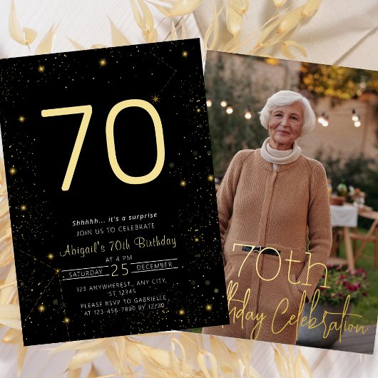 銀河系エレガントフォトブラック金ゴールド誕生日パーティー 箔招待状