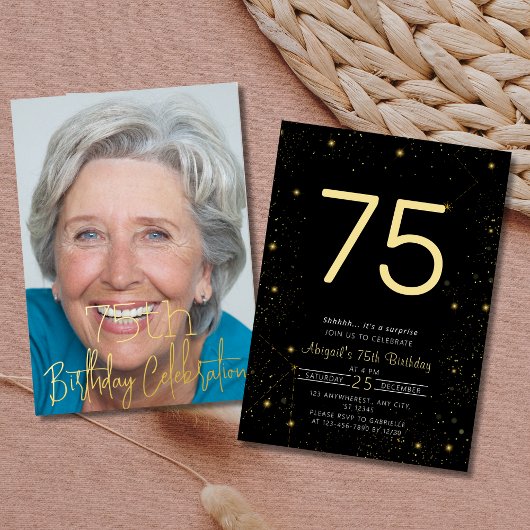 銀河系エレガントフォトブラック金ゴールド誕生日パーティー 箔招待状