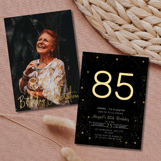 銀河系エレガントフォトブラック金ゴールド誕生日パーティー 箔招待状