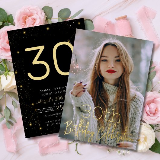 銀河系エレガントフォトブラック金ゴールド誕生日パーティー 箔招待状