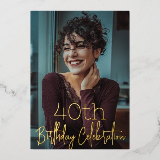 銀河系エレガントフォトブラック金ゴールド誕生日パーティー 箔招待状 (正面)