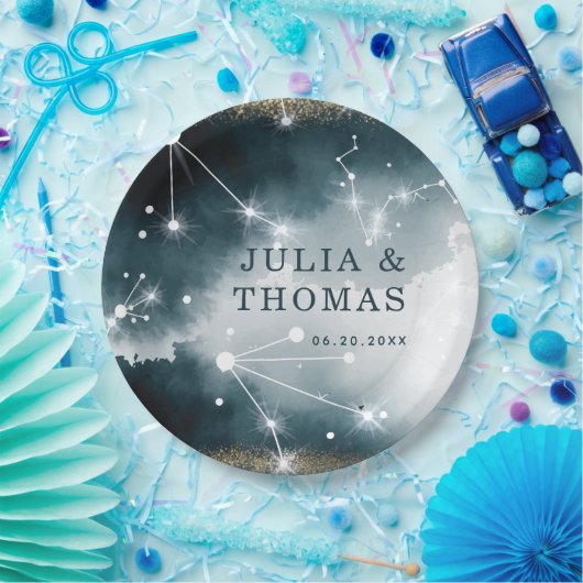 銀河系カスタムブルー金ゴールドスタ結婚ーズ ペーパープレート (パーティー)