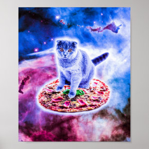 銀河系キティ猫乗りピザ宇宙 ポスター