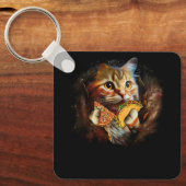 銀河系キャットおもしろい宇宙キャット食べピザアンドタコタコ キーホルダー (正面)