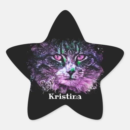 銀河系キャットブラックパープルグリーンデジタルウォーター色 星シール (正面)
