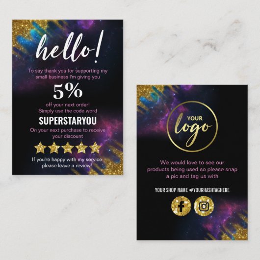 銀河系グリッターブラック金ゴールド割引マーケティングカード 名刺 (正面/裏面)