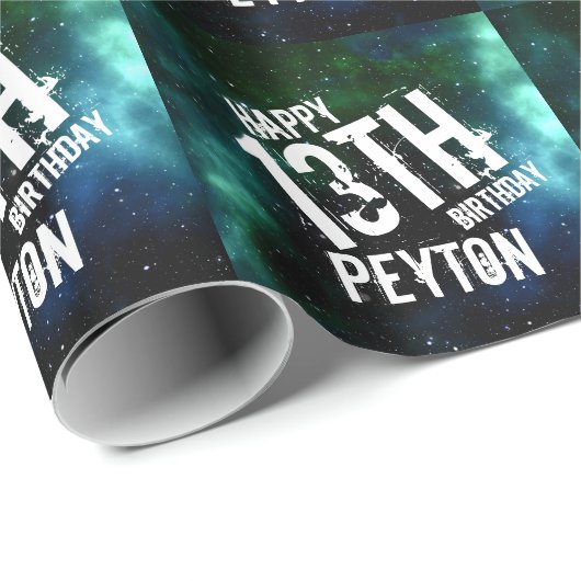 銀河系グリーンブルーパーソナライズされたバースデーパーティー ラッピングペーパー (ロールコーナー)